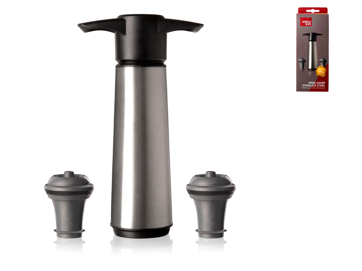 Pompa Vacu Vin salvagusto in acciaio inox con 2 tappi in silicone per richiudere la bottiglia