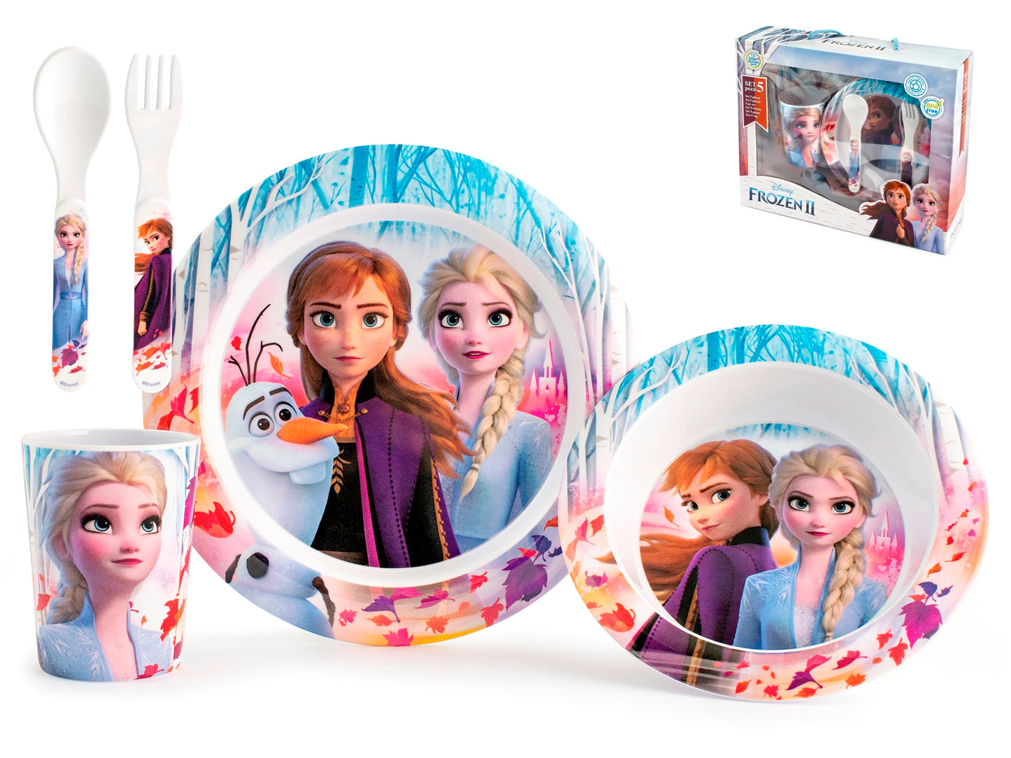 Confezione 5 pezzi Disney Frozen2 in melamina decorata assortita. COLLO DA 6 PEZZI