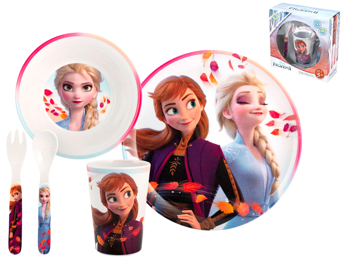 Confezione 5 pezzi Disney Frozen2 in melamina decorata assortita. COLLO DA 6 PEZZI