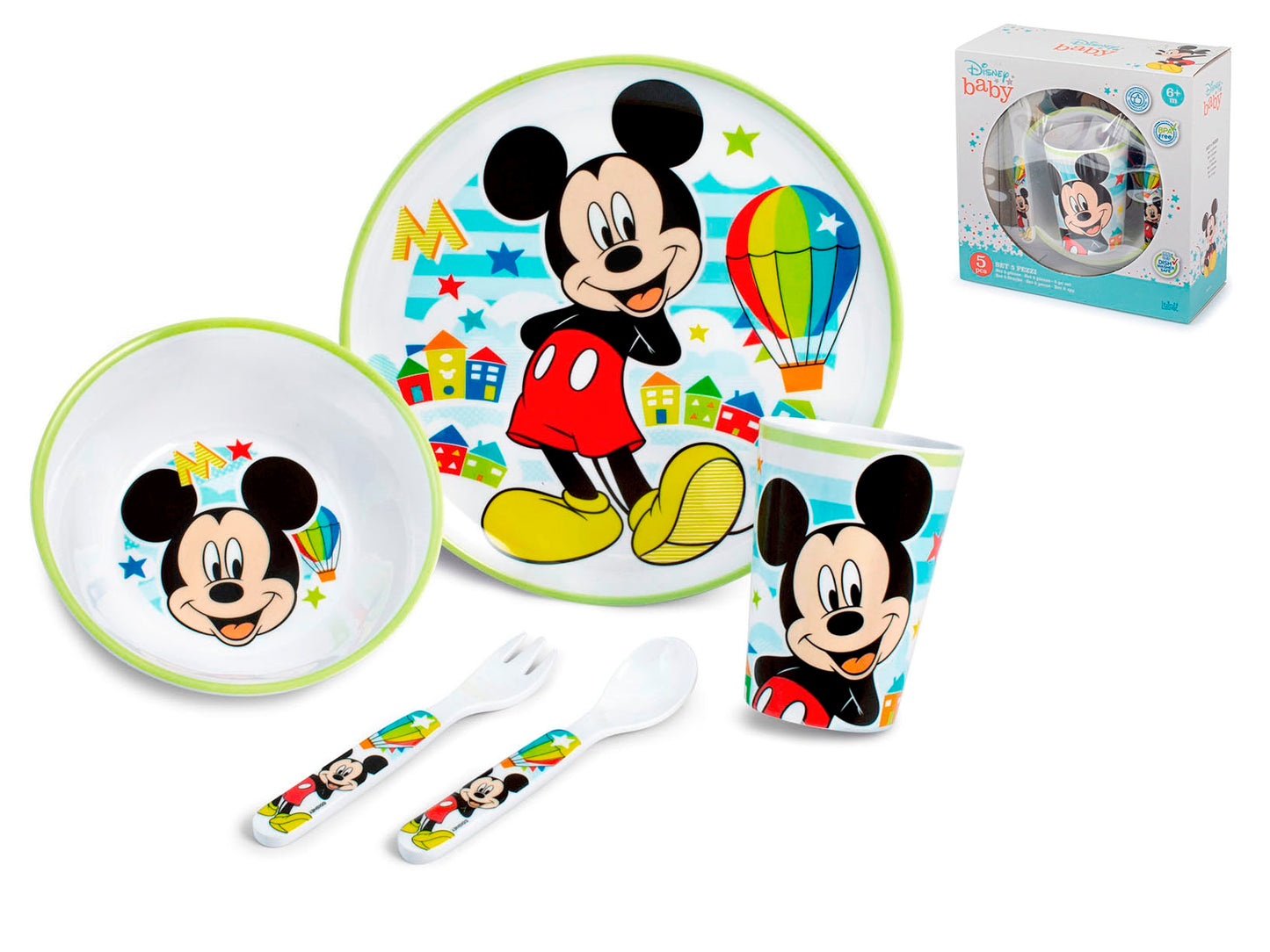 Confezione 5 pezzi  Mickey Simply Disney Lulabi  in melamina decorata assortita.COLLO DA 6 CONFEZIONI
